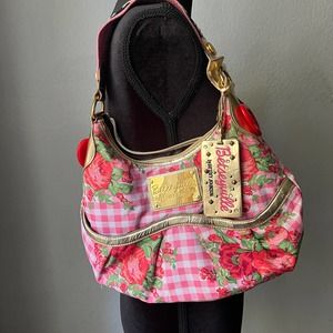Betsey Johnson Betseyville Pink Gingham Red Rose, Gold-Hobo Purse - Y2K- 90s